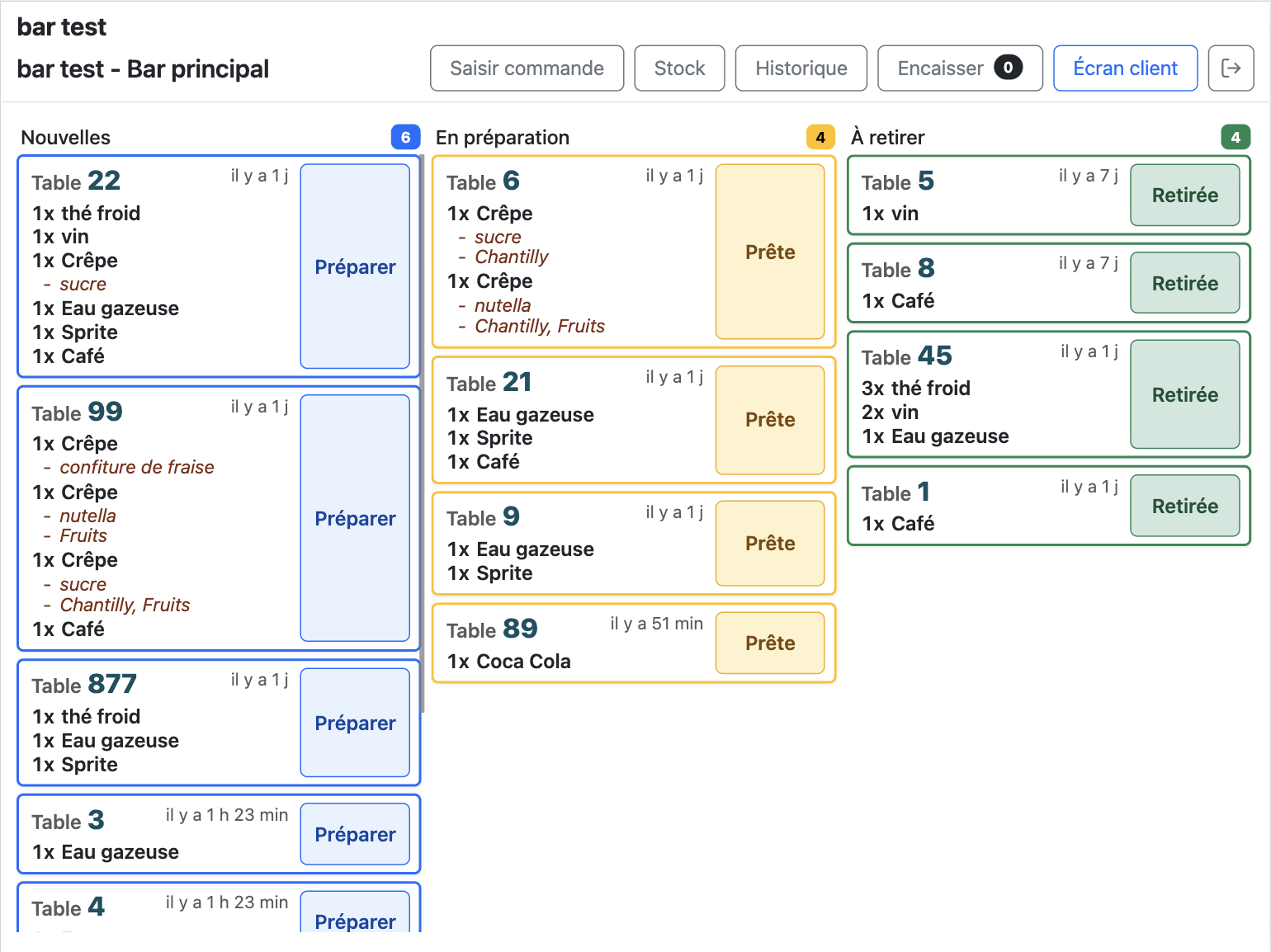 Interface service flowndo avec commandes organisées par état